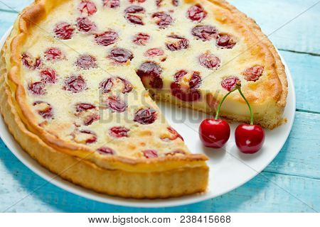 Clafoutis Cherry Pie On Plate Close Up