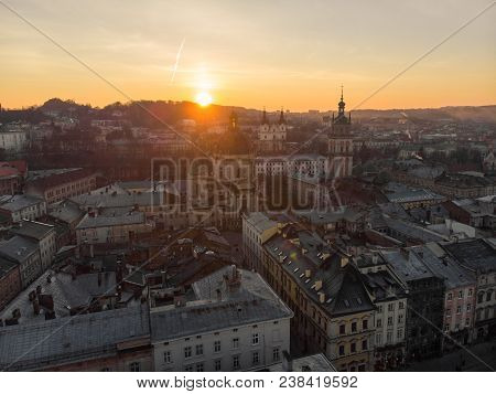 Beauty Panoramic View On Sunrise Over Old European City