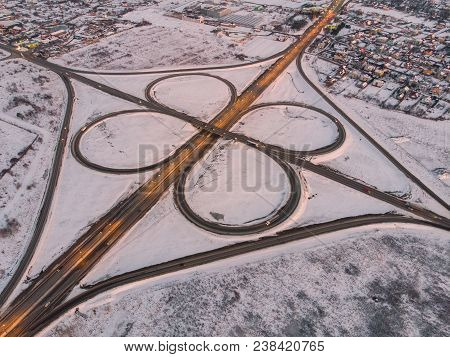 Highway Aerial View In Evening. Car Travel Concept