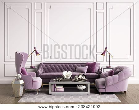 Classic Interior Room With Copy Space.sofa And Armchairs,sidetables With Lamps,table With Decor. Int