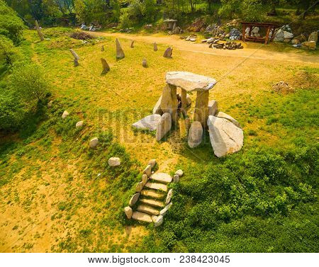 Ancient stone monument. Menhirs and dolmens near Tesovice. Famous place for every year rituals of fertility treatment.  Mysterious landmark in Czech Republic, Central Europe.