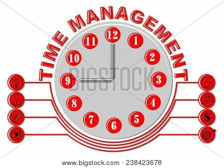 Time Management Thema With Glock Face And Business Icons, Gray And Red Design On White Background. V