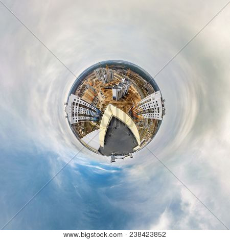 Little Tiny Planet From Roof Of Multi-storey Building With Aerial View Of Construction Residential Q