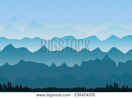 Foggy Mountains Landscape. High Hills Background Illustration