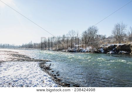 River In Winter. Rapids Of Stormy River. Winter Landscape