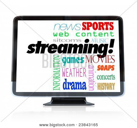 En high definition-tv med ordet Streaming og ord for indholdstyper, kan du se su