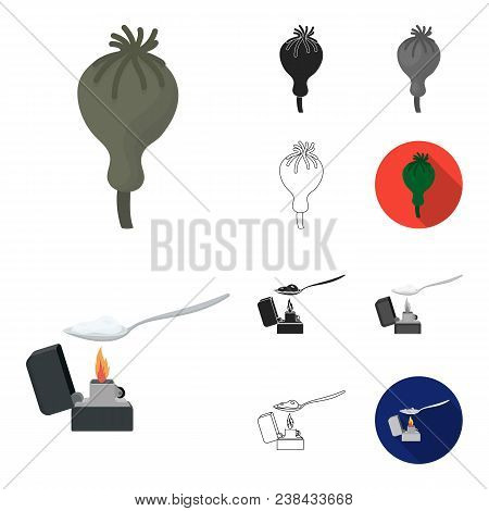 Drug Addiction And Attributes Cartoon, Black, Flat, Monochrome, Outline Icons In Set Collection For 