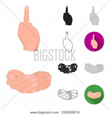 Hand Gesture Cartoon, Black, Flat, Monochrome, Outline Icons In Set Collection For Design. Palm And 