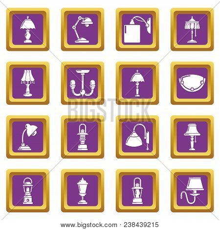 Lamp Icons Set Vector Purple Square Isolated On White Background