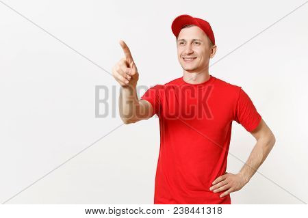 Delivery Smiling Man In Red Uniform Touch Something Like Click On Button Isolated On White Backgroun