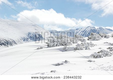 Snow-covered Mountains In Bulgaria, Mount Musala, Rila Mountain Range. Ski Resort Borovets