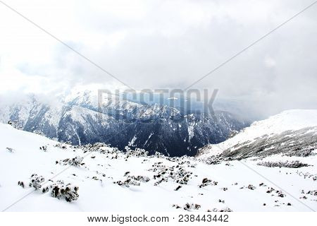 Snow-covered Mountains In Bulgaria, Mount Musala, Rila Mountain Range. Ski Resort Borovets