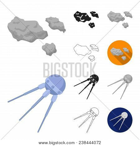 Space Technology Cartoon, Black, Flat, Monochrome, Outline Icons In Set Collection For Design.spacec