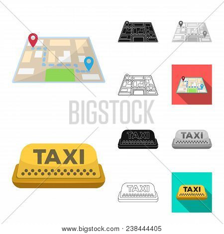 Taxi Service Cartoon, Black, Flat, Monochrome, Outline Icons In Set Collection For Design. Taxi Driv