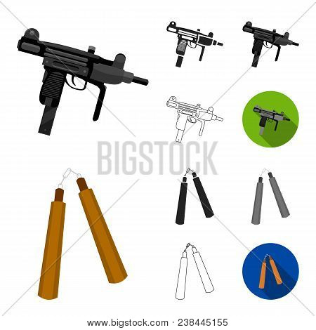 Types Of Weapons Cartoon, Black, Flat, Monochrome, Outline Icons In Set Collection For Design.firear