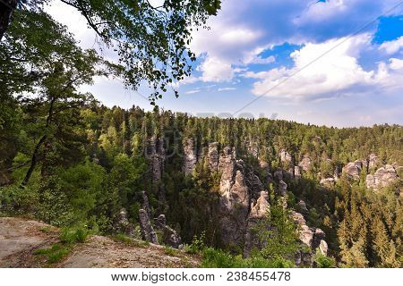 Bastei Rocks In Swiss Saxony, Around The Ruins Of Neurathen Castle. Germany In Summer