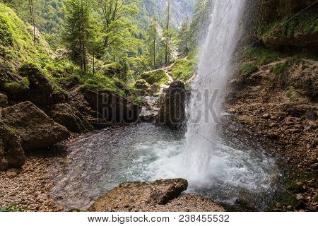 Upper Pericnik Waterfall From Behind At Triglav National Park, Julian Alps, Slovenia.