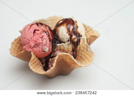 Fruit And Vaniila Ice Cream In Waffle Cup. Isoalted On White Background. Summer Iceacrea.