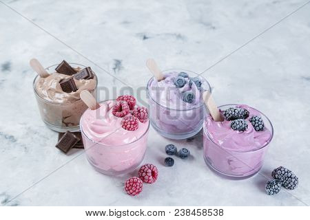 Healthy Vegan Dessert Concept - Smoothie Bowl Made Of Frozen Banana And Berries, Nicecream, Copy Spa