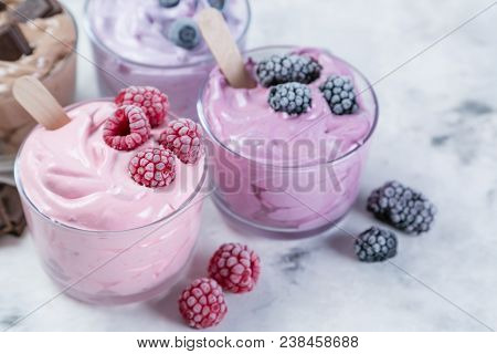 Healthy Vegan Dessert Concept - Smoothie Bowl Made Of Frozen Banana And Berries, Nicecream, Copy Spa