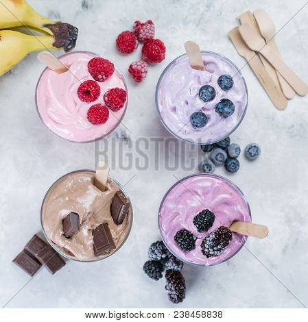 Healthy Vegan Dessert Concept - Smoothie Bowl Made Of Frozen Banana And Berries, Nicecream, Copy Spa