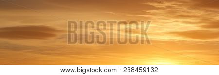 Orange Sunset Cloud Panel, Beautiful Red Sunrise Horizon, Panorama Strip Panel Of Bright Colourful S