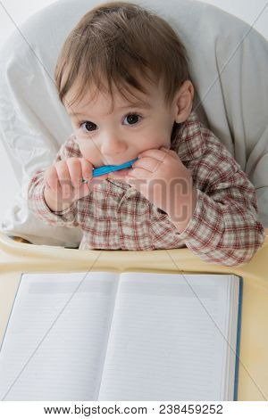 Little baby boy is playing with pen and note book