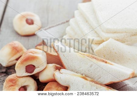 Ham Toast And Stuffed On A Wooden Tray.
