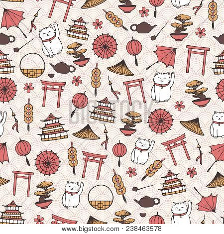 Hand Drawn Vector Asian Seamless Pattern With Umbrellas, Japanese Lucky Cats, Coins, Lanterns, Bonsa