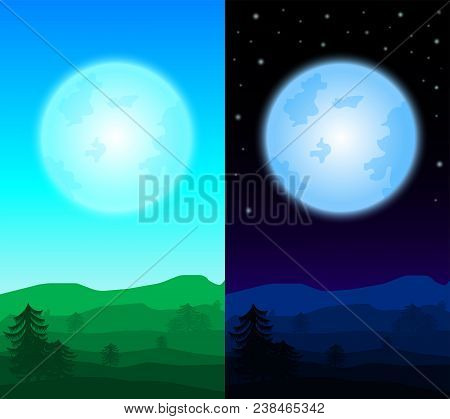 Day And Night Of Landscape Background;different Time Landscape Background;landscape Flat Vector Desi