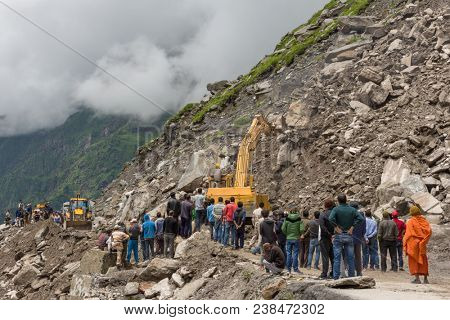 Manali, India - July 19, 2017: Landslide on the Manali - Leh Highway at the Rohtang pass area, HImachal Pradesh, India.