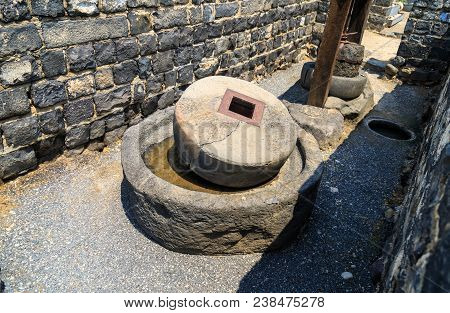 Ancient Oil Press In Ruins Of Kursi - A Large Byzantine 8th-century Monastery In Which Jesus Christ 