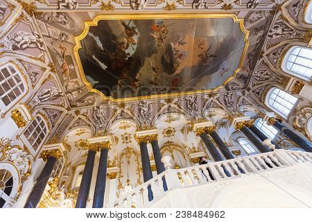 Saint Petersburg, Russia - March 16, 2018: People On Jordan Staircase Of Hermitage Museum. The State