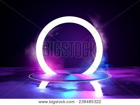 A Large Glowing Neon Loop Sircle, Futuristc Background With Platform. 3d Illustration.