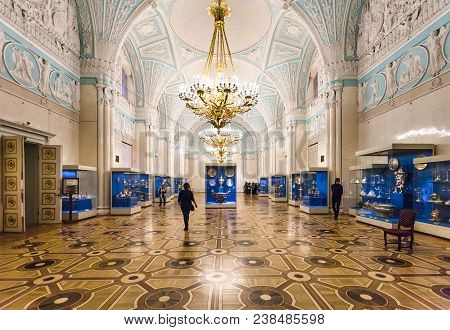 Saint Petersburg, Russia - March 16, 2018: Visitors In Hall Of Decorative Art In Hermitage Museum. T