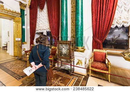 Saint Petersburg, Russia - March 16, 2018: Visitor In Malachite Room Of Hermitage Museum. The State 