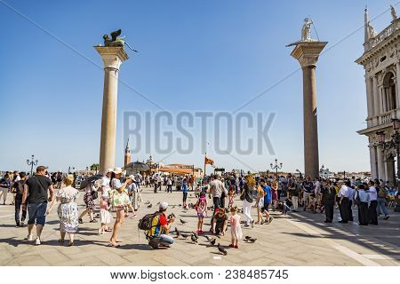 Venice - July 1: San Marco Square And The Columns Of San Marco And San Todaro On July 1, 2017 In Ven
