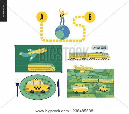 From Point A To Point B A Set Of Transportation Planning Concept - Airplane And Train Timetable Grap