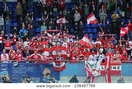 Kyiv, Ukraine - April 25, 2017: Austrian Fans Show Their Support During Iihf 2017 Ice Hockey World C