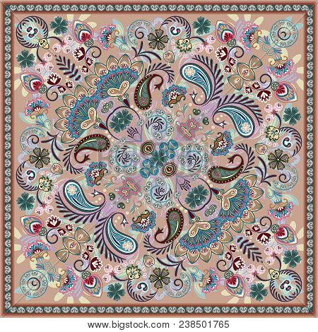 Paisley Bandana Print. Vector Square Pattern. Lilac