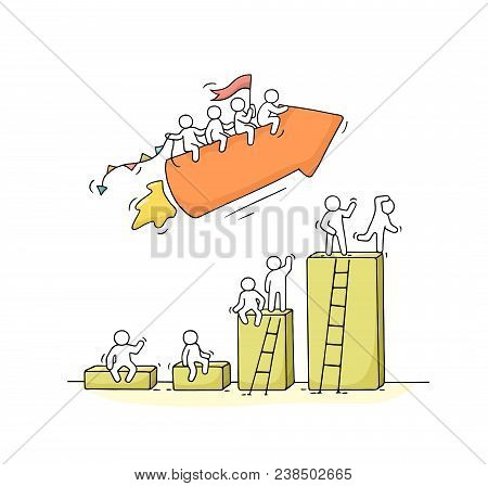 Sketch Of Working Little People With Arrow, Diagram. Doodle Cute Miniature Scene Of Workers. Hand Dr