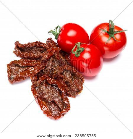 Canned Sundried Or Dried And Fresh Tomato Isolated On White Background