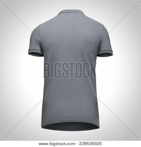 Blank Template Men Grey Polo Shirt Short Sleeve, Back View Bottom-up, Isolated On Gray Background Wi