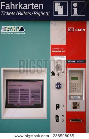 Weiterstadt, Germany - April 22: A Ticket Vending Machine Of The Rhine-main Transport Association Rm