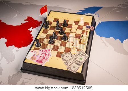 Usa And China Playing Chess. Tade War Concept. Tade War Caused By The 2018 Us Tariffs On Steel And A