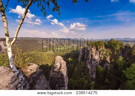 Bastei Rocks In Swiss Saxony, Around The Ruins Of Neurathen Castle. Germany In Summer