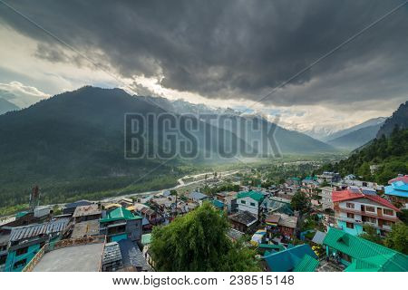 Beautiful panorama of Vashisht village and Kullu valley, India.