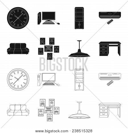 Comfortable Sofa, Letters And Diplomas Within The Framework, An Office Ceiling Lamp, A Desk With Dra
