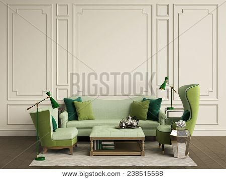Classic Interior Room With Copy Space.sofa And Armchairs,sidetables With Lamps,table With Decor. Int
