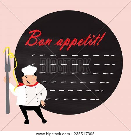 Happy Cook With Hat In Uniform. Chef With Big Fork. Vector Illustration.